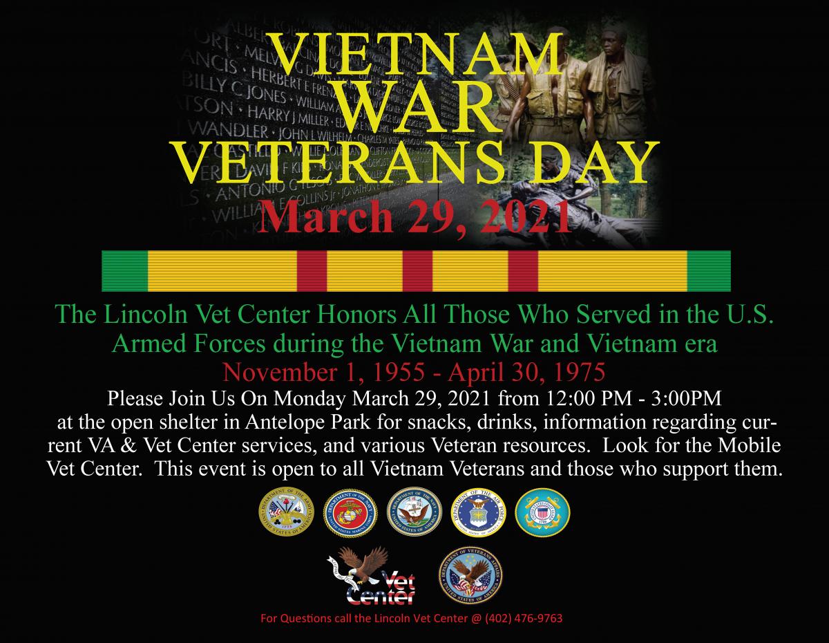 Vietnam War Veterans Day, March 29, 2021. Collage of photos of Vietnam War memorials, including the memorial wall in Washington, DC. Below the photo collage is the Vietnam Service Ribbon, which is green, yellow and red.