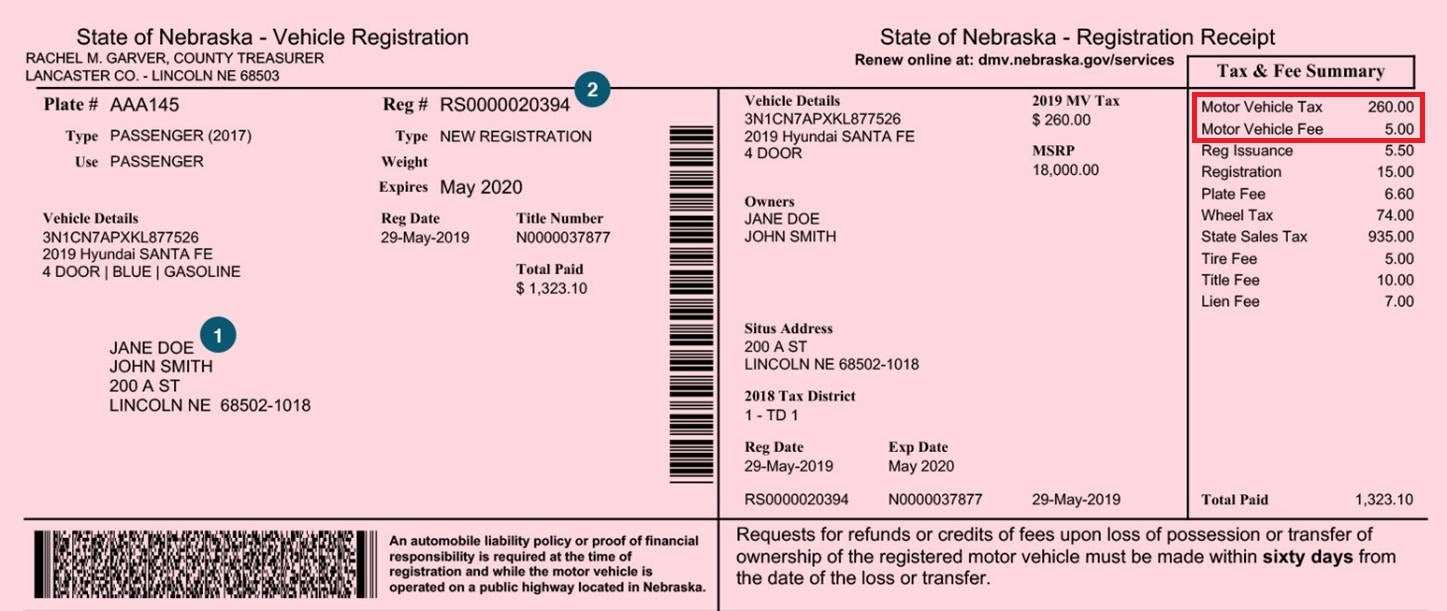 Registration example with applicable tax and fee highlighted