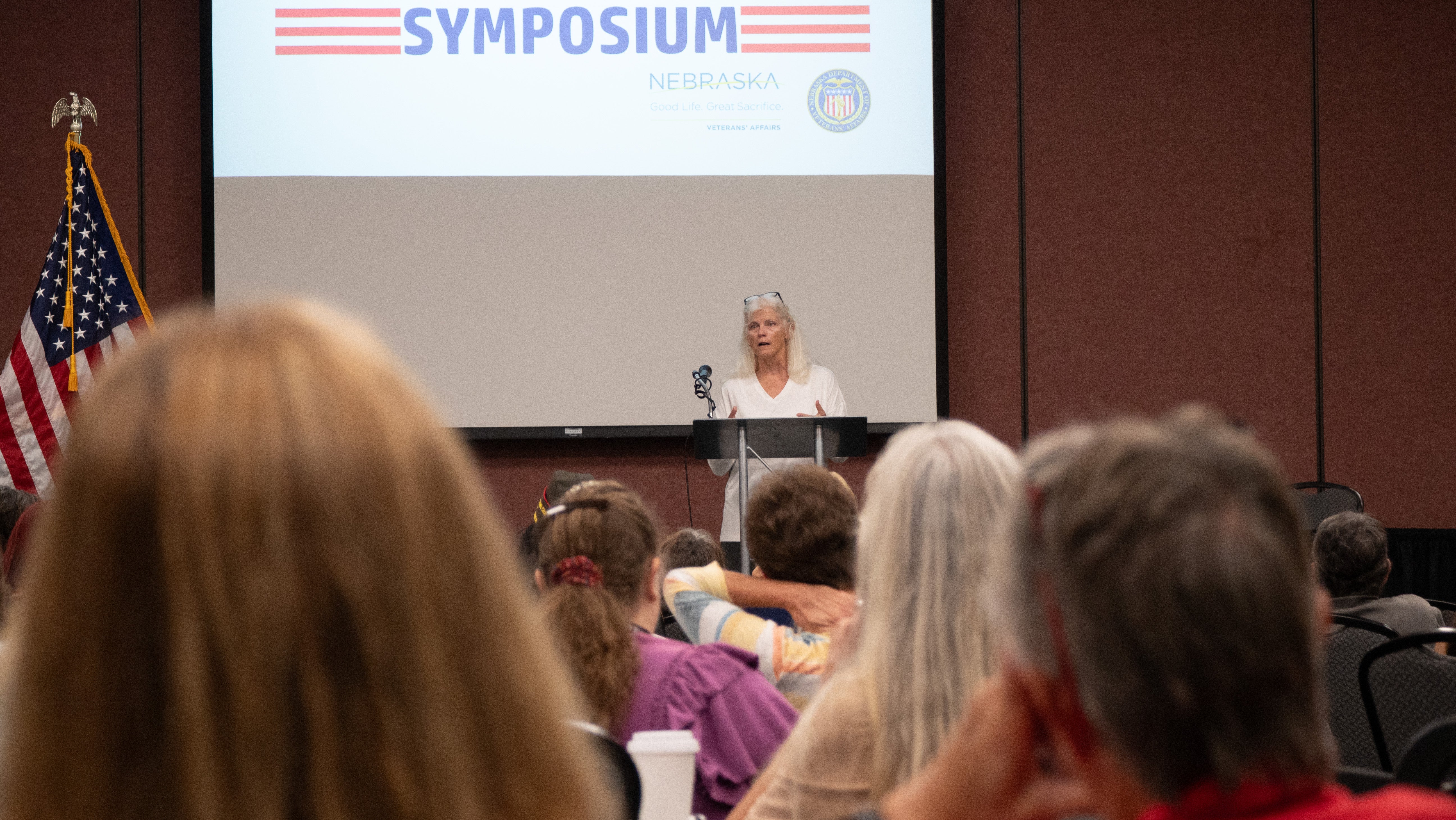 Retired Major General Mary Link gives keynote remarks at the 2024 Nebraska Women Veterans Symposium 