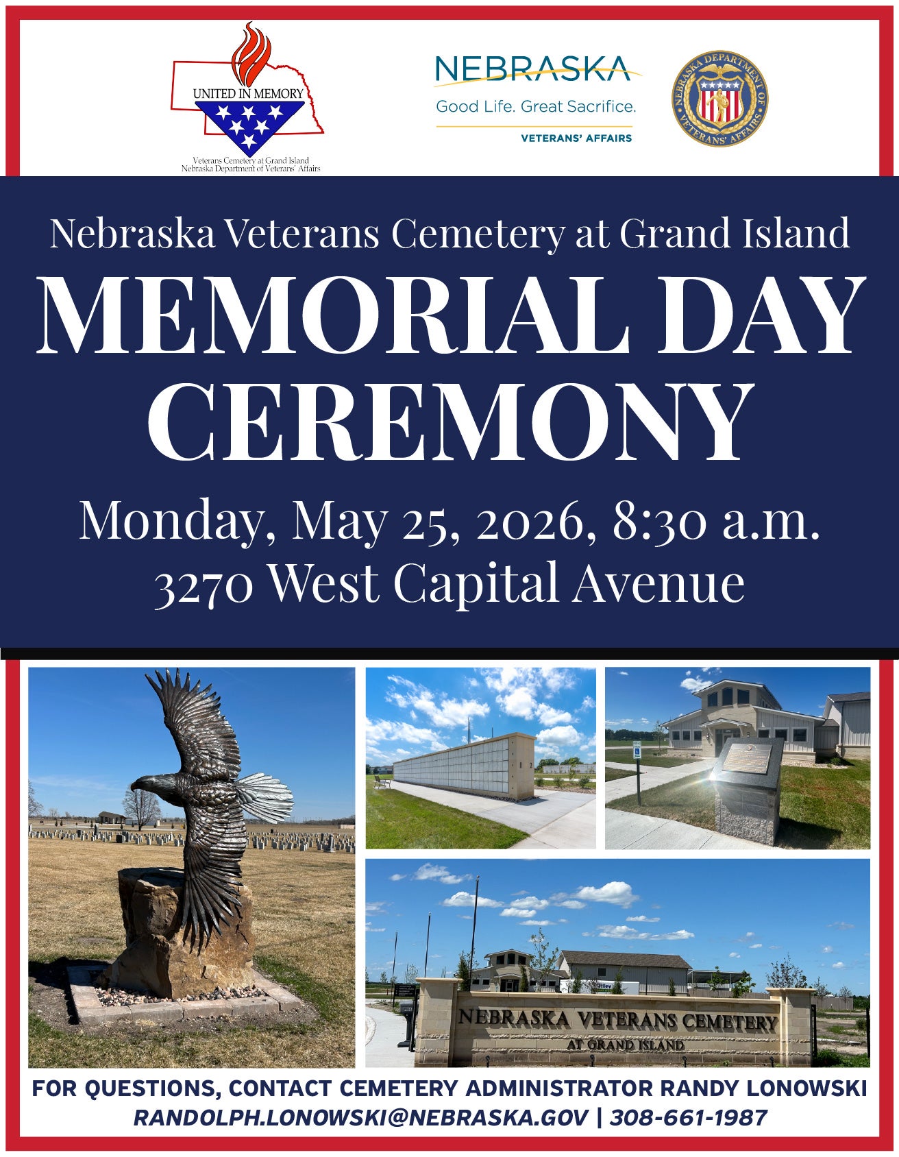 Flyer for the NVCGI Memorial Day event with bald eagle statue, NVCGI sign, and photos of the cemetery