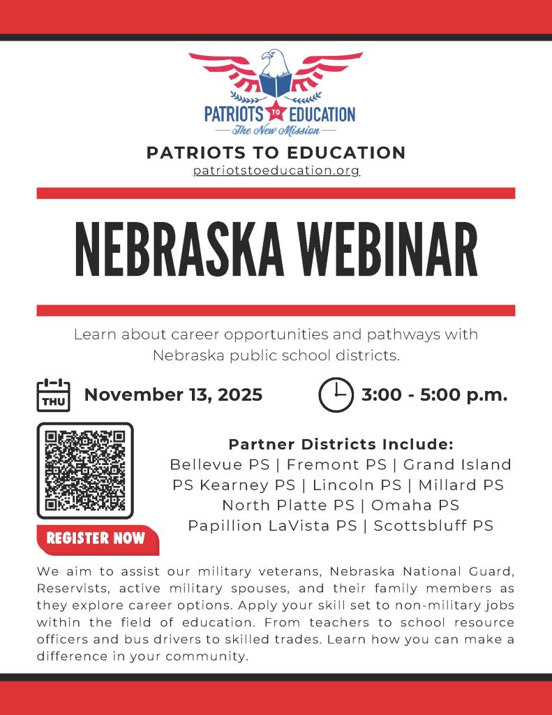 Patriots to Education Nebraska Recruiting Event flyer