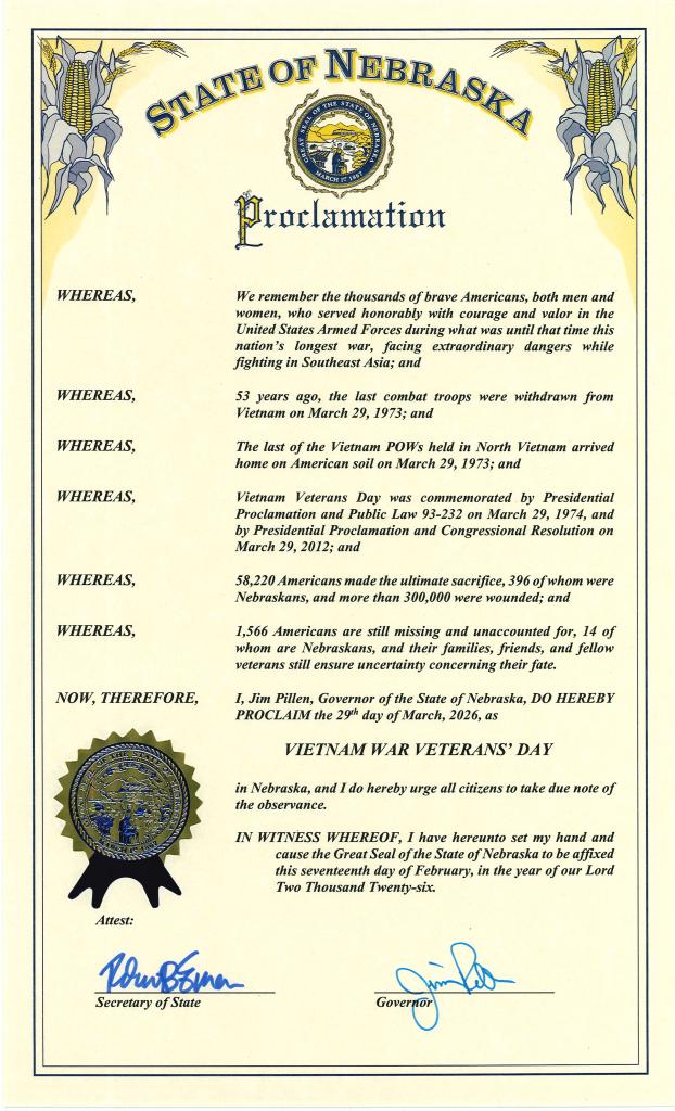 Vietnam War Veterans Day 2026 proclamation signed by Governor Jim Pillen and Secretary of State Bob Evnen