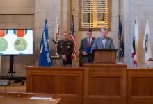 Nebraska’s World War II Recognition medal design was revealed by Gov. Pillen (right) during the Victory in Europe Day proclamation ceremony, where he was joined by Nebraska Adjutant General Maj. Gen. Craig Strong and NDVA Director John Hilgert (left to right). 
