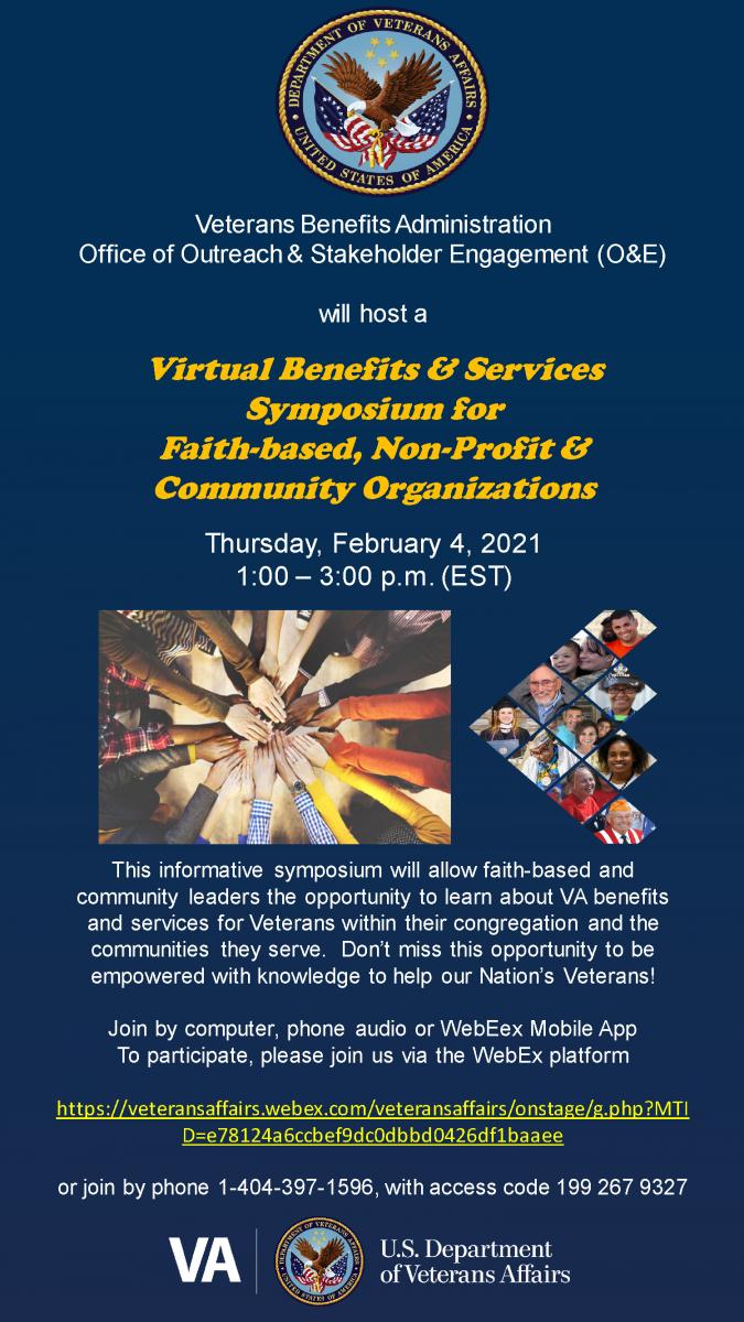 Virtual Benefits & Services Symposium flyer. Hands together in a circle next to portraits of service members and family members organized in the shape of an arrow.