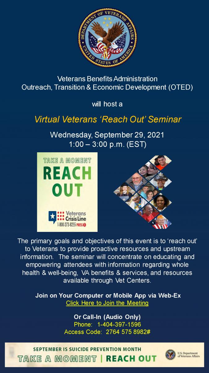Virtual Veterans Reach Out Seminar Event Flyer