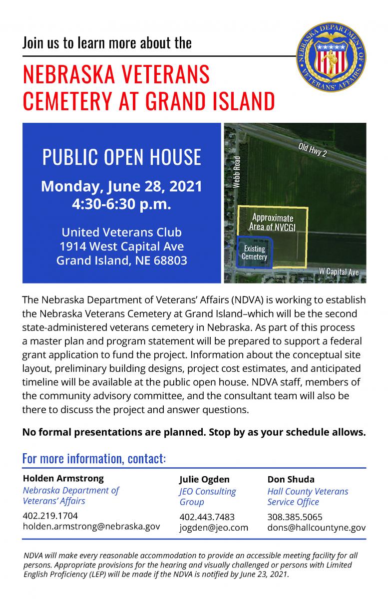 Nebraska Veterans Cemetery at Grand Island public Meeting flyer. Hosted by United Veterans Club. 1914 West Capital Ave. Grand Island Nebraska 68803. Flyer shows proposed expansion of cemetery.