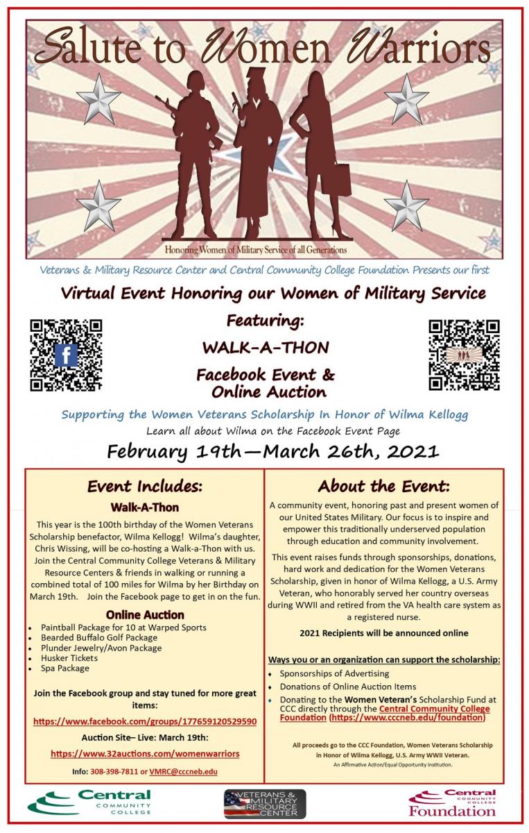 Salute to Women Warriors poster - information about Walk-A-Thon and Online Auction Event in honor of Wilma Kellogg