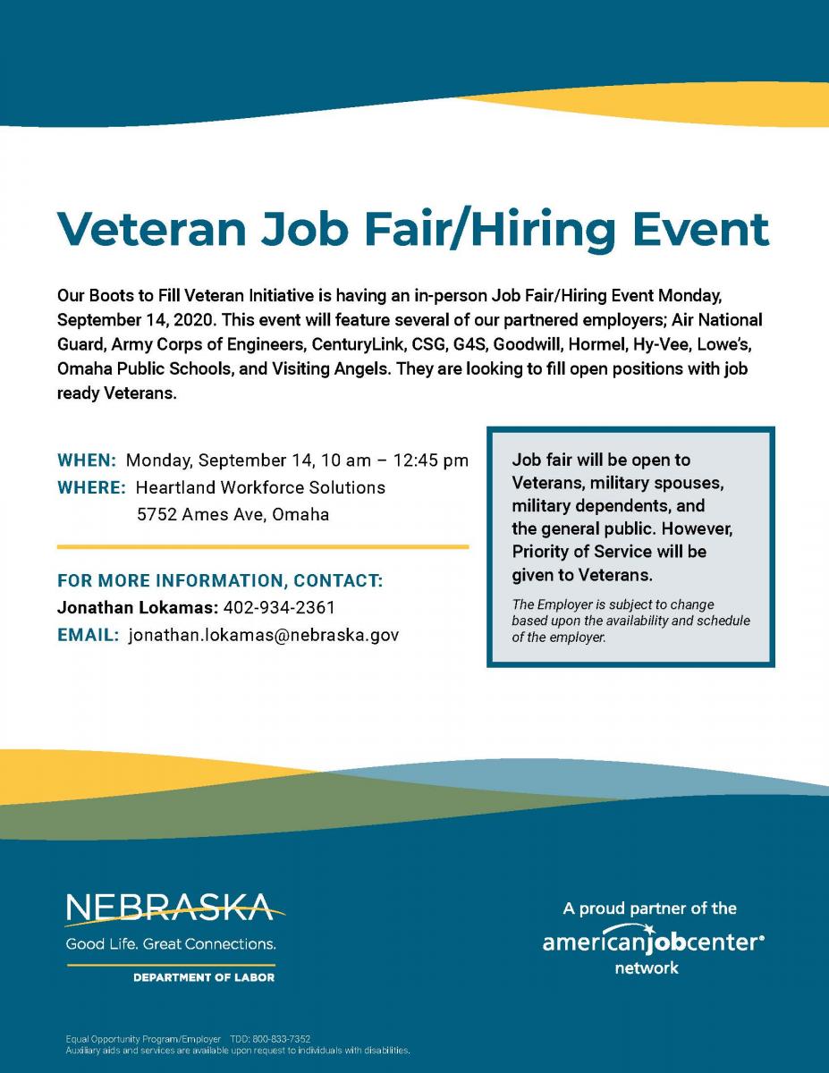 Veteran Job Fair Flyer. Featuring several partnered employers like Air National Guard, Army Corps of Engineers, CenturyLink, CSG, G4S, Goodwill, Hormel, Hy-Vee, Lowe's, Omaha Public Schools, and Visiting Angels.