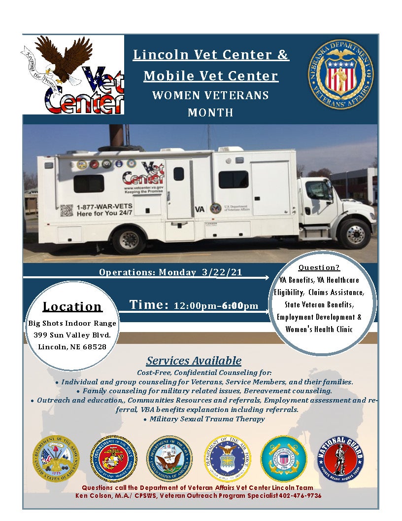 Women Veterans Month Event flyer. The Vet Center logo is at the top left, and the Nebraska Department of Veterans Affairs logo is at the top right. The image of the Vet Center vehicle is below the logos, and below the image of the vet center are the logos for the service branches. 