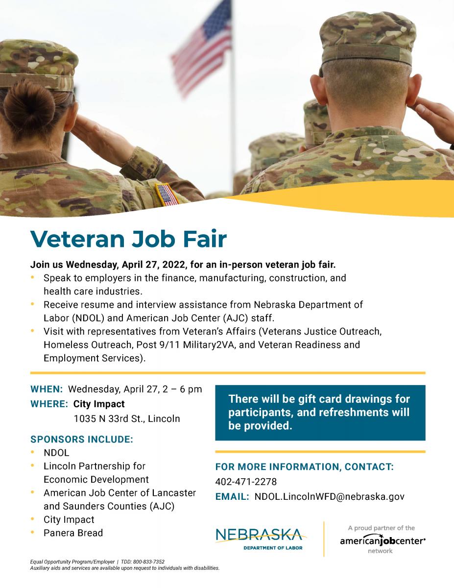 Spring Career Fair flyer image. View of veterans from behind saluting a raised American flag.