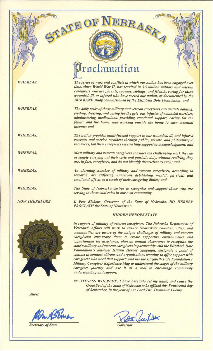Hidden Heroes Proclamation signed by Governor Ricketts on September 14, 2020