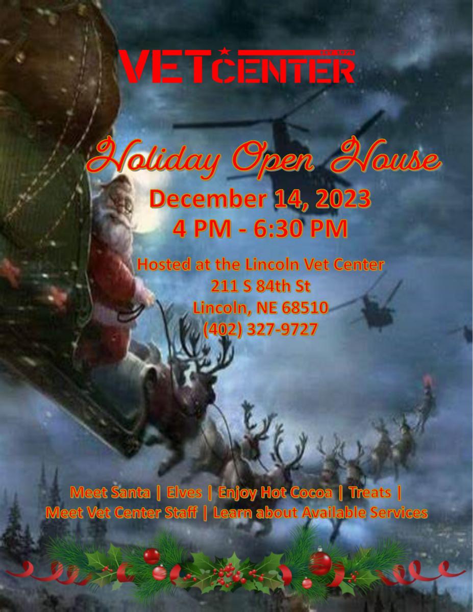 Holiday Open House invite for the Lincoln Vet Center. Event is on December 14, 2023 from four to six-thirty PM