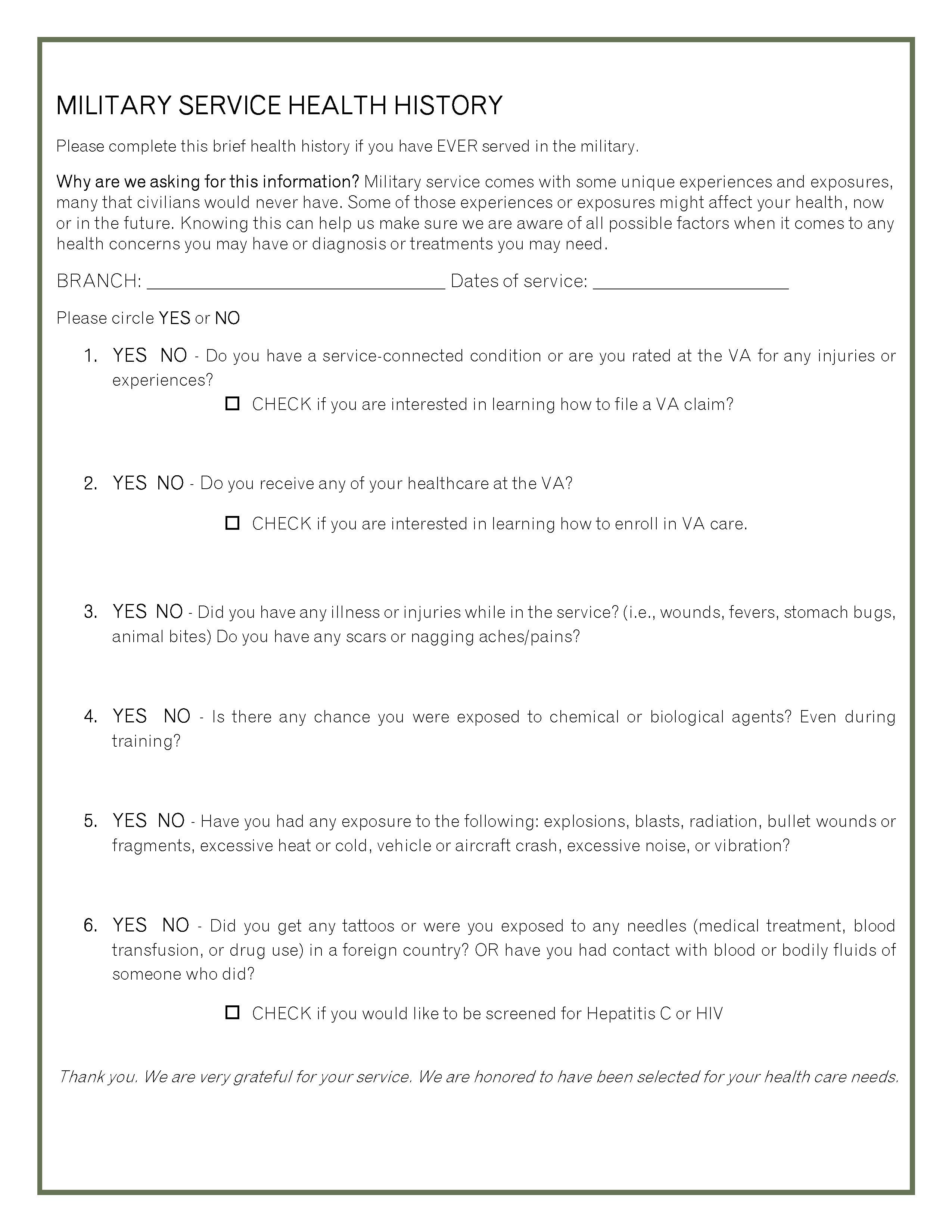 Military Service Health History Questionnaire 