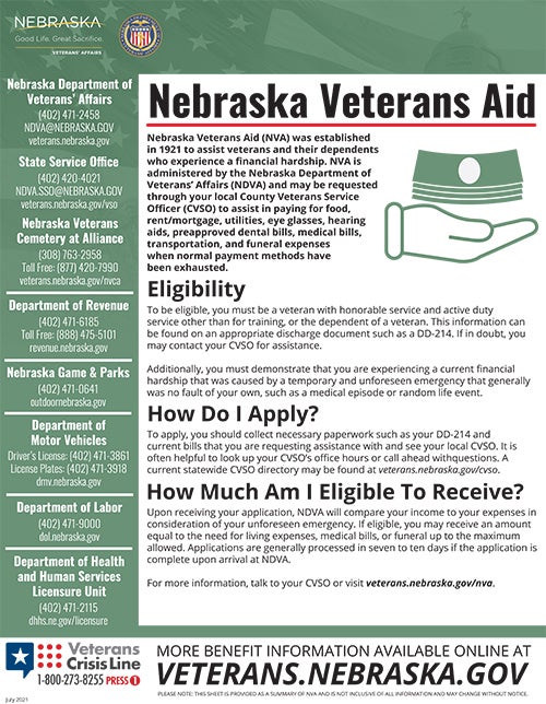 Nebraska Veterans' Aid info sheet