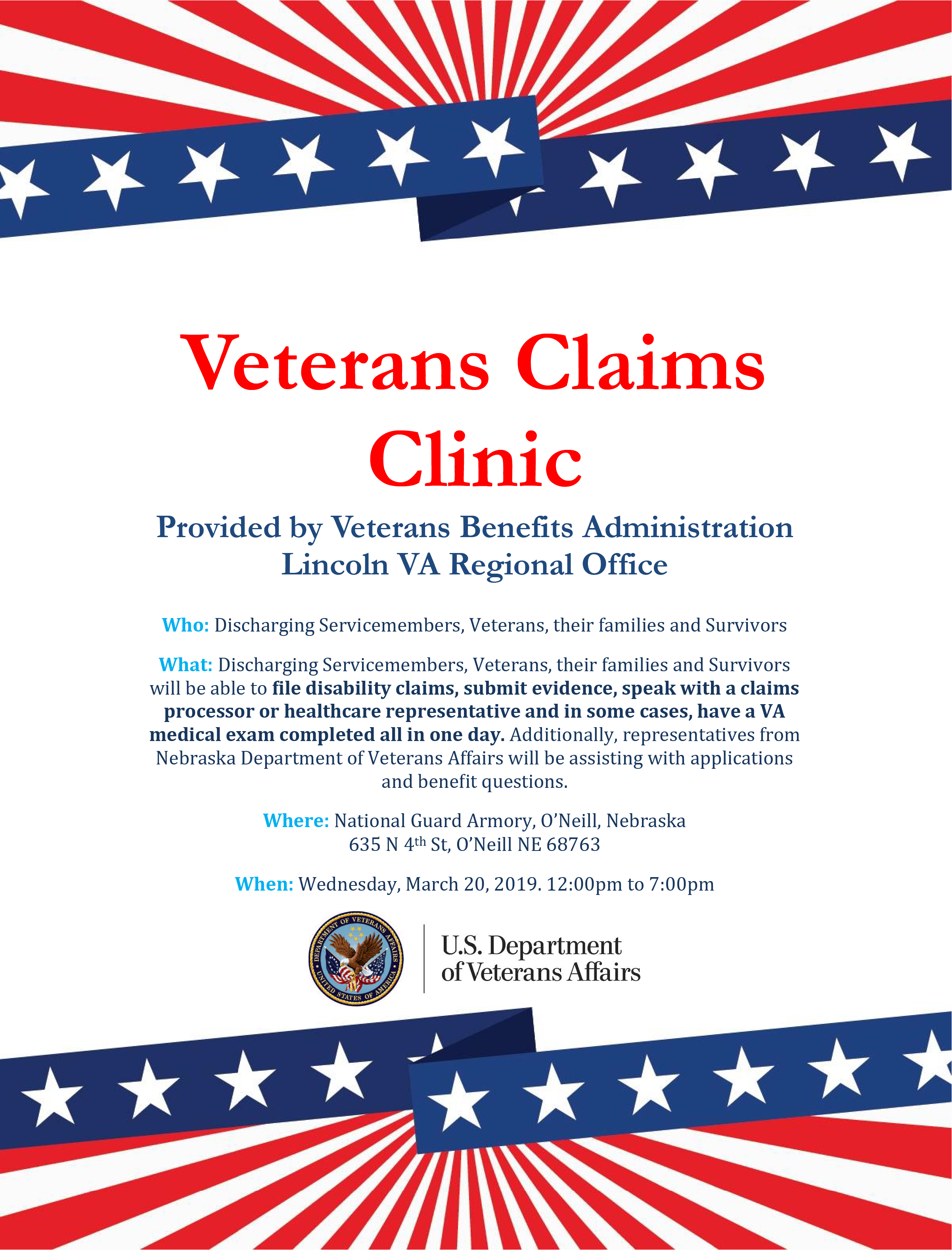 O'Neill Veterans Claims Clinic Flyer