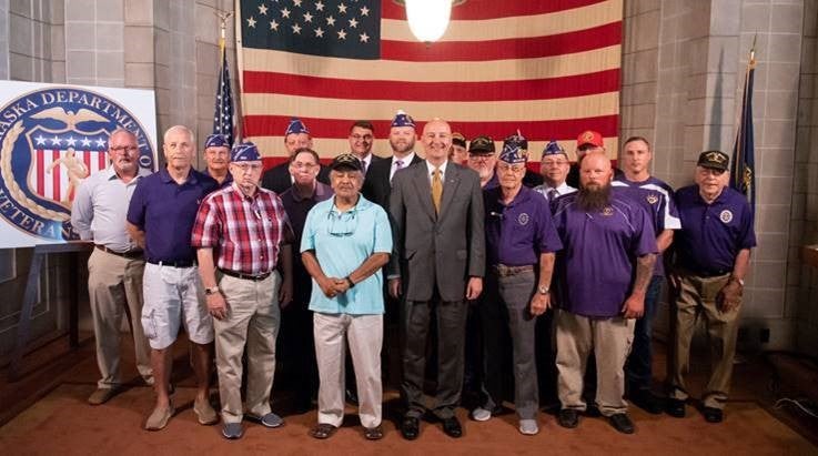 Governor Ricketts with NDVA Director Hilgert, MOPH Lincoln Chapter President Wade Jensen, and Nebraska Purple Heart veterans at today’s proclamation ceremony. 
