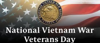 American Flag with a Vietnam War Veteran lapel pin overlaid on it. Vietnam War Veterans Day tile image